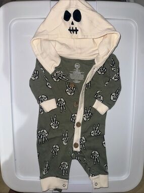 wonder nation Olive Green Skull Hooded One-Piece with Cream Trim